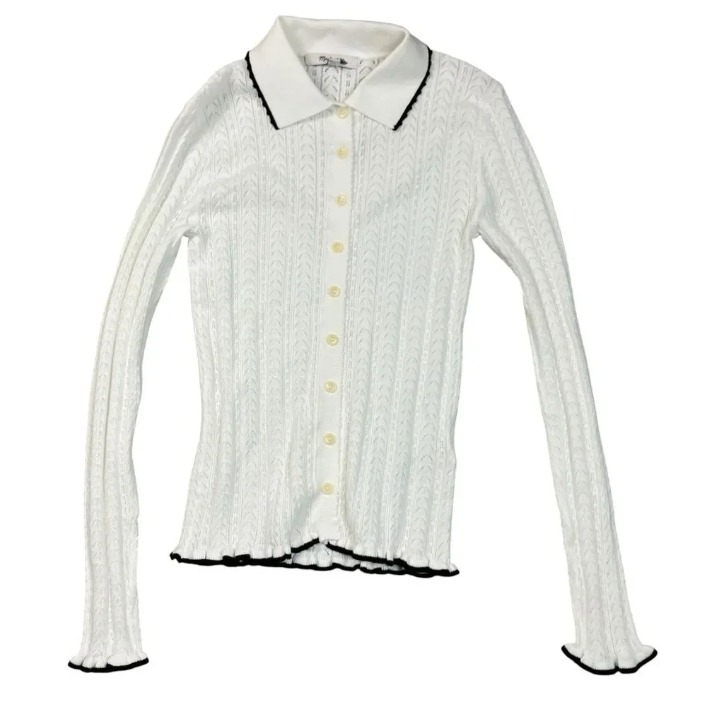 Madewell Cardigan Womens XXS White Ruffle Trim Pointelle Peter Pan Preppy NY455